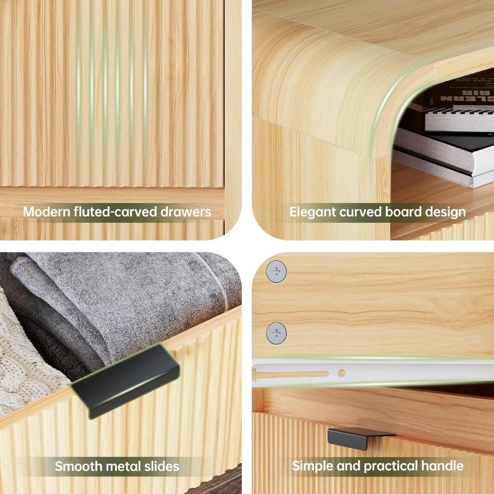 Table de chevet cannelée avec station de recharge, table d'appoint en bois avec 2 tiroirs de rangement, design à profil incurvé, armoire de chevet moderne