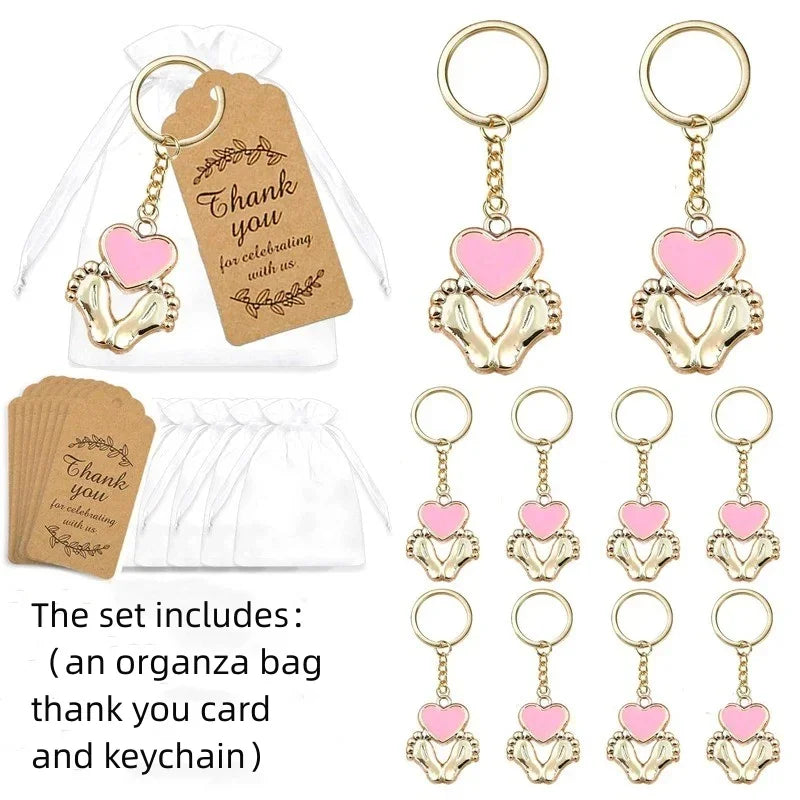 12 set Baby Shower Gifts Guests Footprint Keychains Christening Baptism Party Favors Girl Boy Thank You Decor Wedding Souvenirs