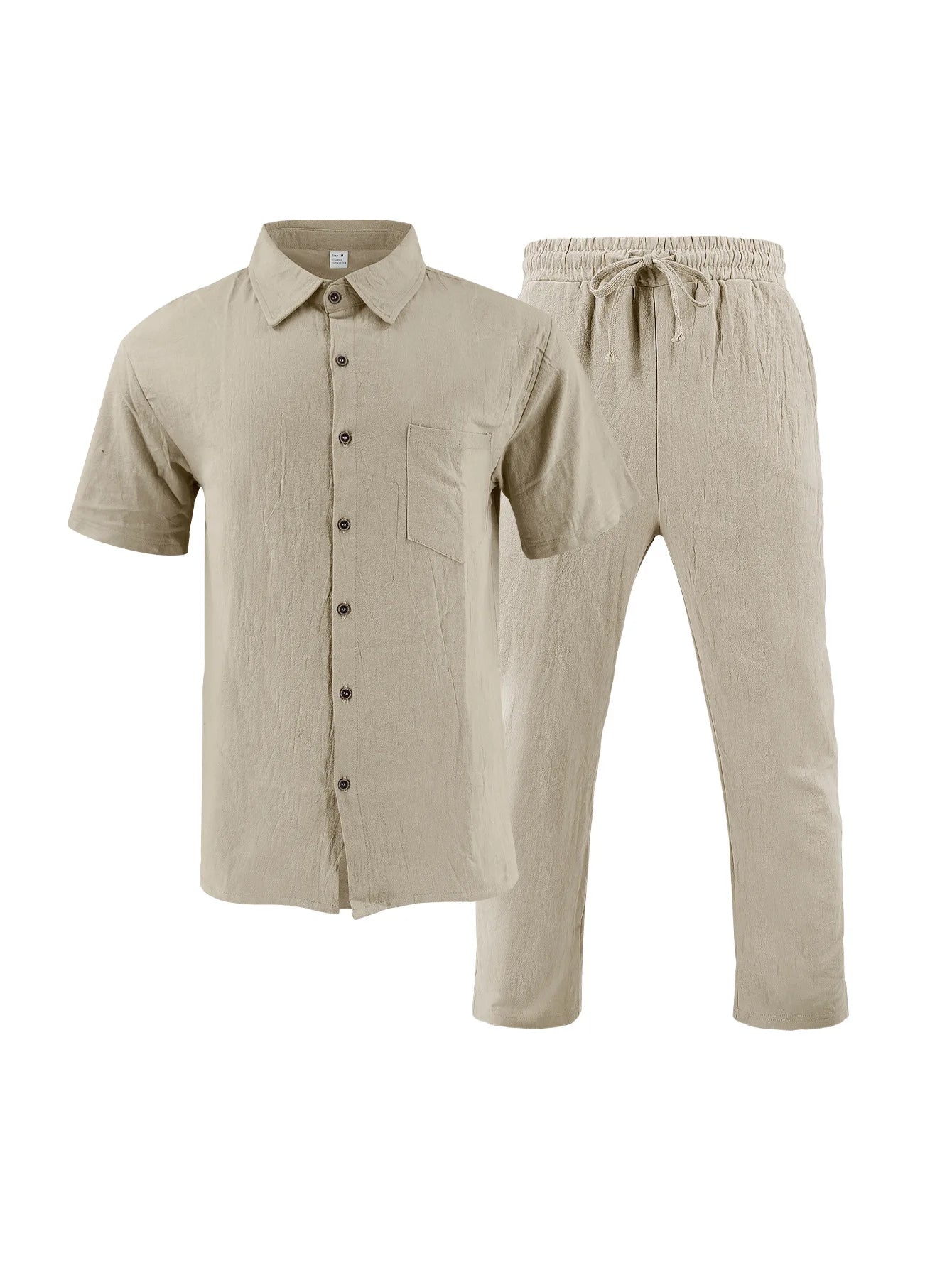 American Summer Men's Linen Casual Set Short-Sleeved Shirt And Long Pants 2-Piece Comfortable Loose Fit for Men