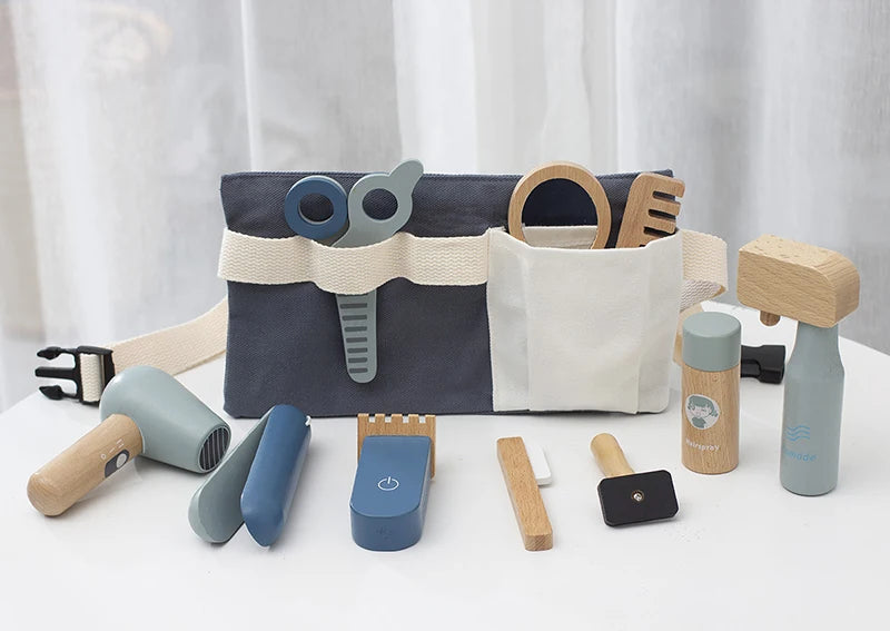 Kids Wooden Makeup Haircut Toy Beauty Fashion Salon Playset Games Combs Hair Dryer Pretend Play House Barber Makeup Kit Girl Toy