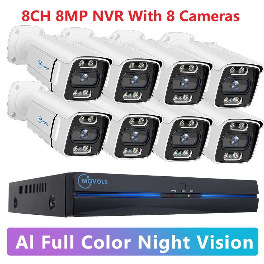 MOVOLS 8CH 5MP 8MP POE Security Camera System Two Way Audio 8MP NVR Kit CCTV Outdoor IP Camera H.265 P2P Video Surveillance Set