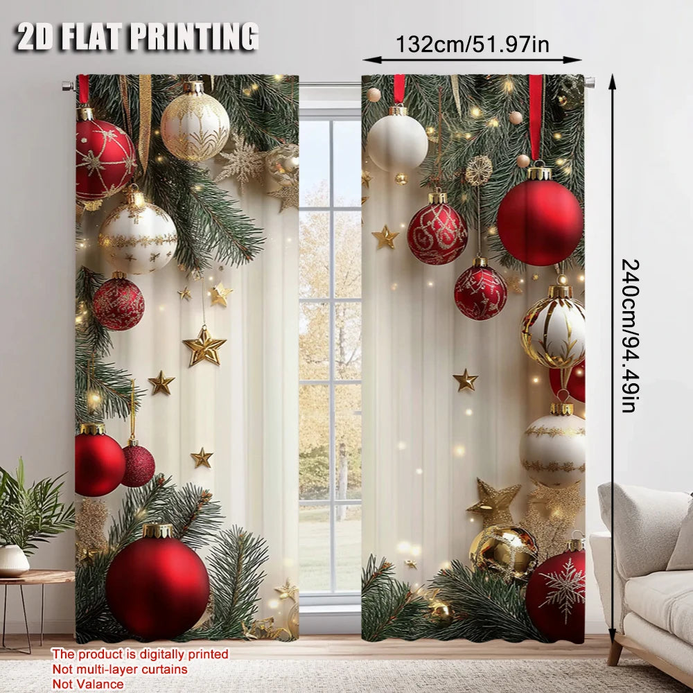 2Pcs Festive Golden And Red Ball Pine Leaves Design Christmas Window Curtains Polyester Rod Pocket Design For Living Room