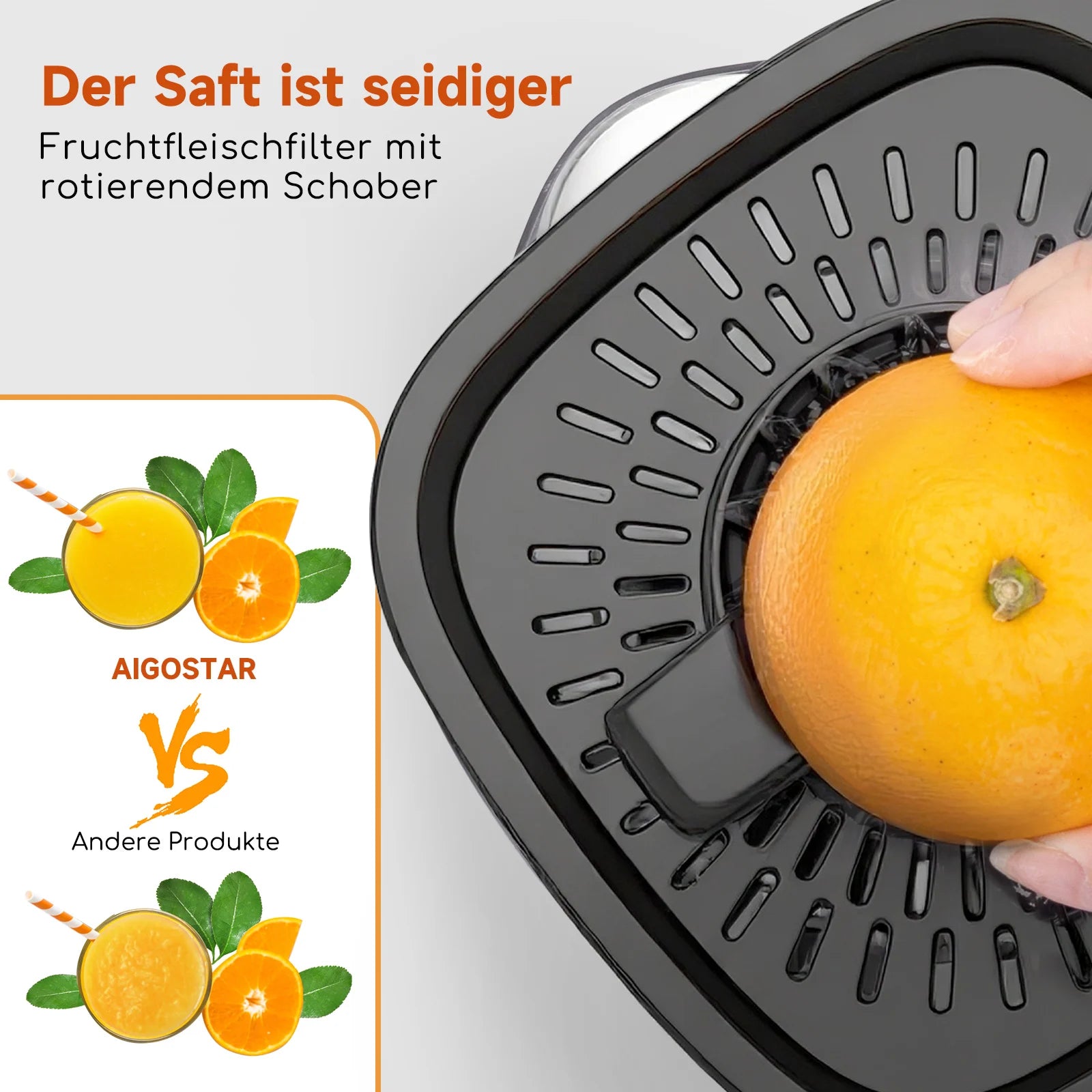 Aigostar Electric Citrus Juicer, 1.2L Large Capacity Juicer with LED Work Light and 2 Removable Cones, Lemon Squeezer for Orange