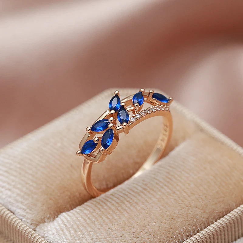 Kinel New Blue Natural Zircon Ring for Women Trendy 585 Rose Gold Leaf Ring Romantic Vintage Wedding Jewelry Fashion 2022