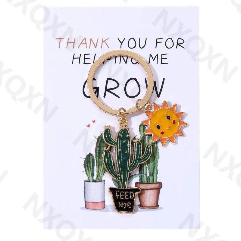 Classic Sun Smiling Face Cactus Enamel Keychain Cartoon Plant Grow Thank You For Teachers Good Gift Handmade Jewelry Set