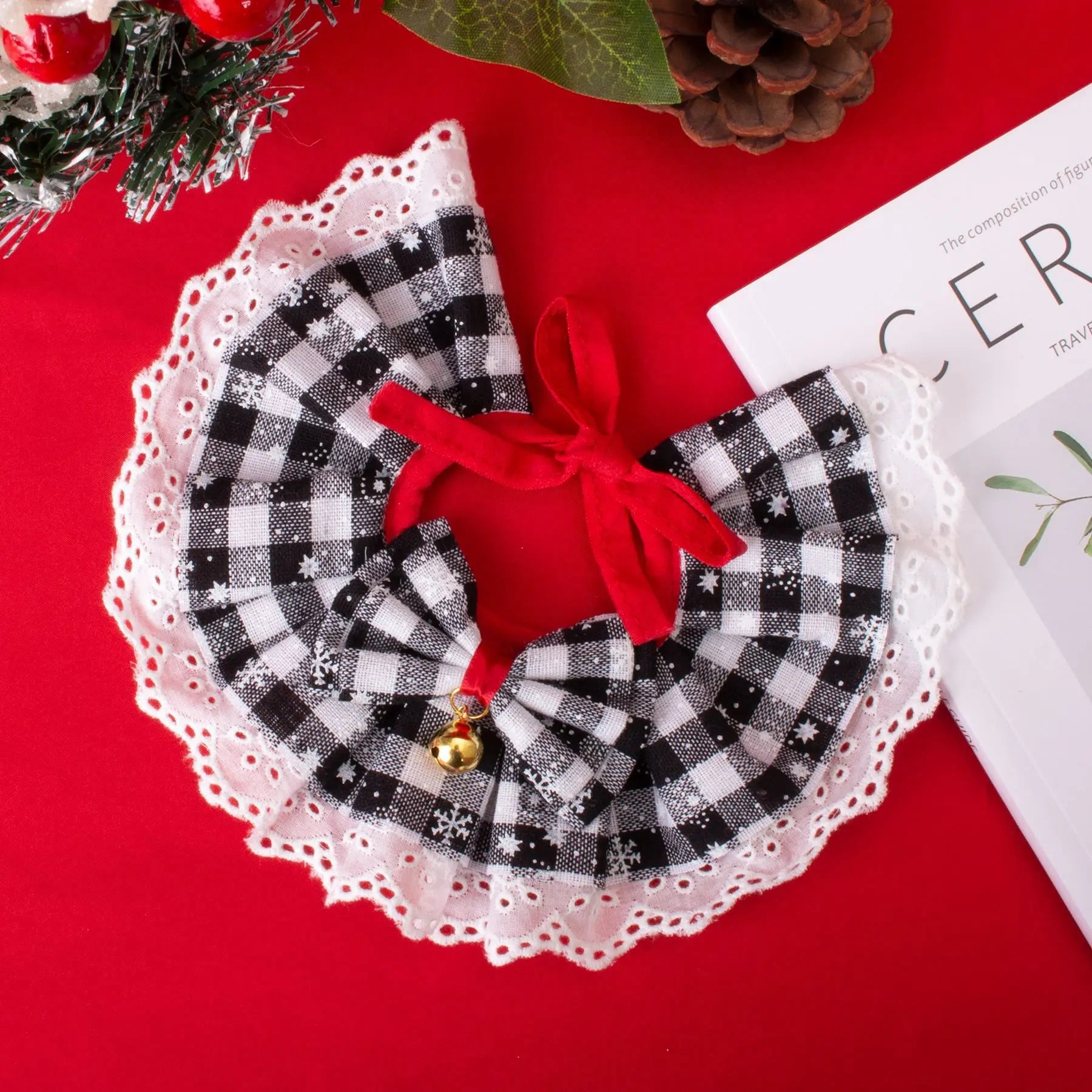 Pet Christmas Tie Bib Drool Towel Cat Dog Bell Scarf Holiday Accessory Plaid Lace Plaid Necklace Dog Accessories for Small Dogs