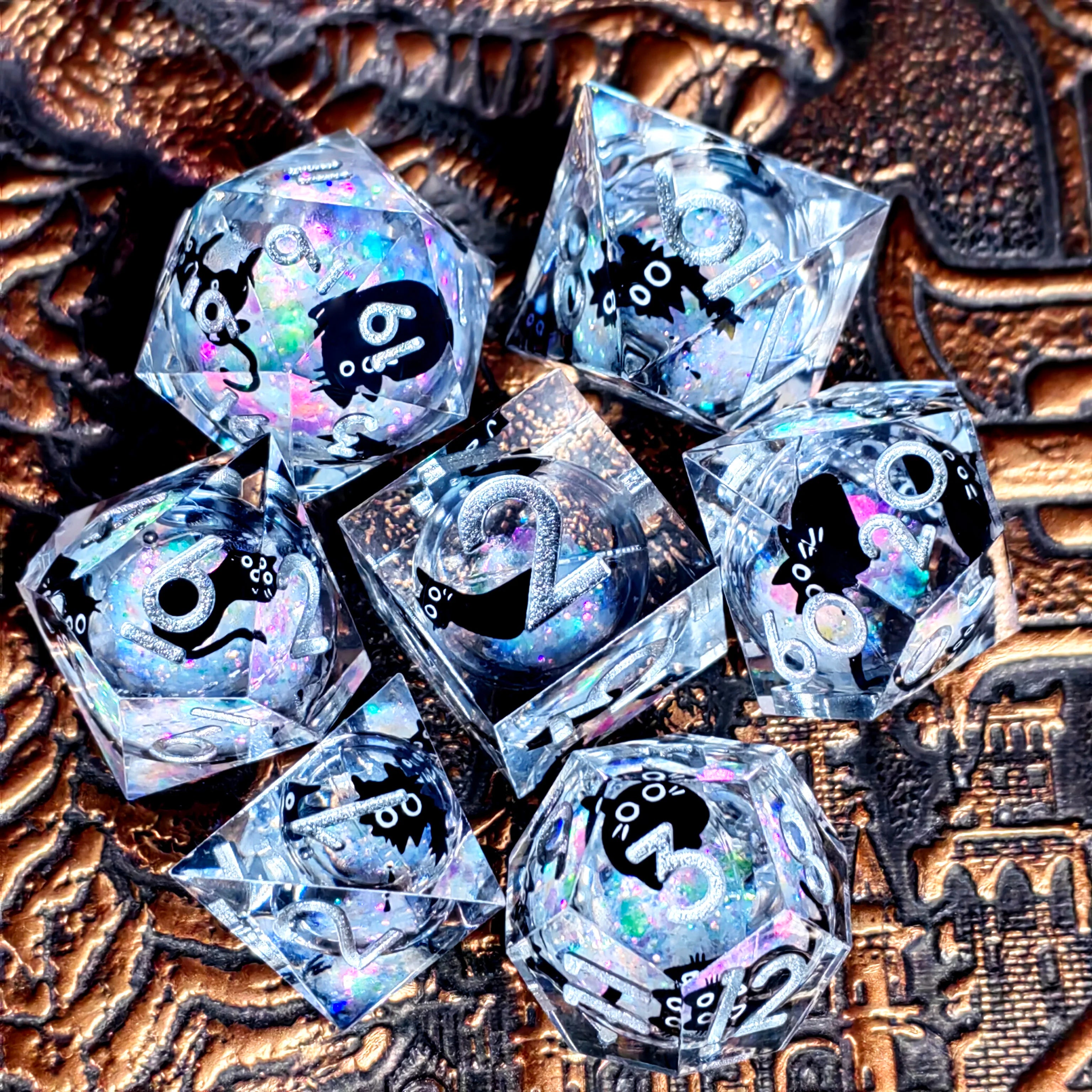 "DnD Dice Set - 7 Piece Resin Polyhedral Dice with Cute Cat Design, Transparent RPG Dice for Dungeons & Dragons, Tabletop Games"