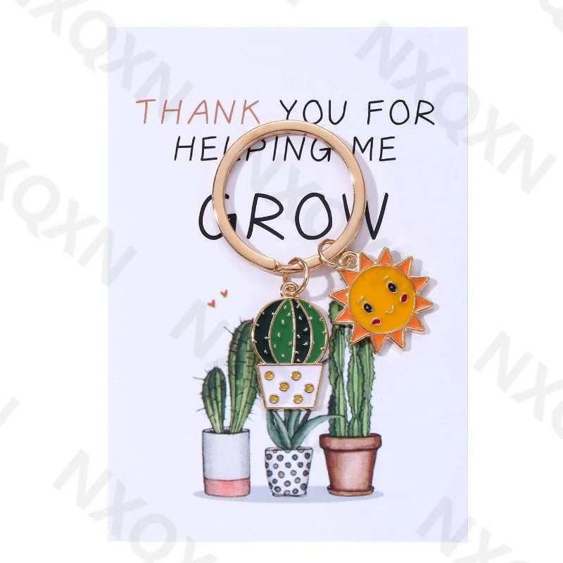 Classic Sun Smiling Face Cactus Enamel Keychain Cartoon Plant Grow Thank You For Teachers Good Gift Handmade Jewelry Set