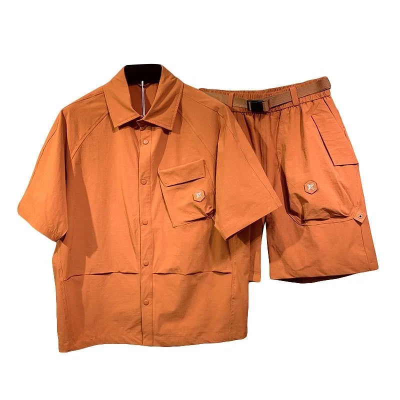 Summer Fashion Trend Solid Color American Cargo Short Sleeve Shorts Set Men's Casual Loose Large Size High-Quality Two-Piece Set