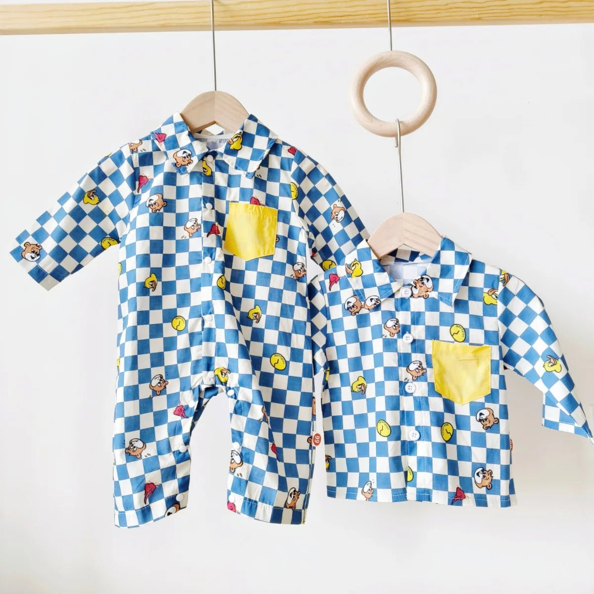 2024 Spring/Autumn New Infant Toddler Pure Cotton Grid Cartoon Printed Long Sleeve Single-Breasted Buttoned Romper