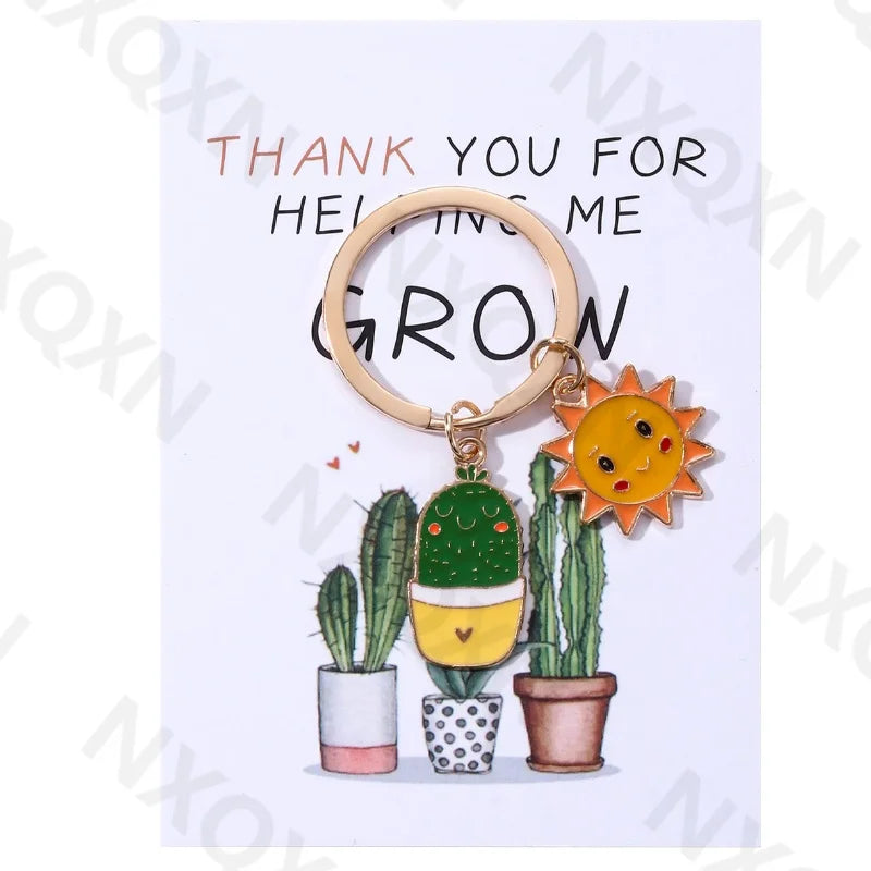 Classic Sun Smiling Face Cactus Enamel Keychain Cartoon Plant Grow Thank You For Teachers Good Gift Handmade Jewelry Set