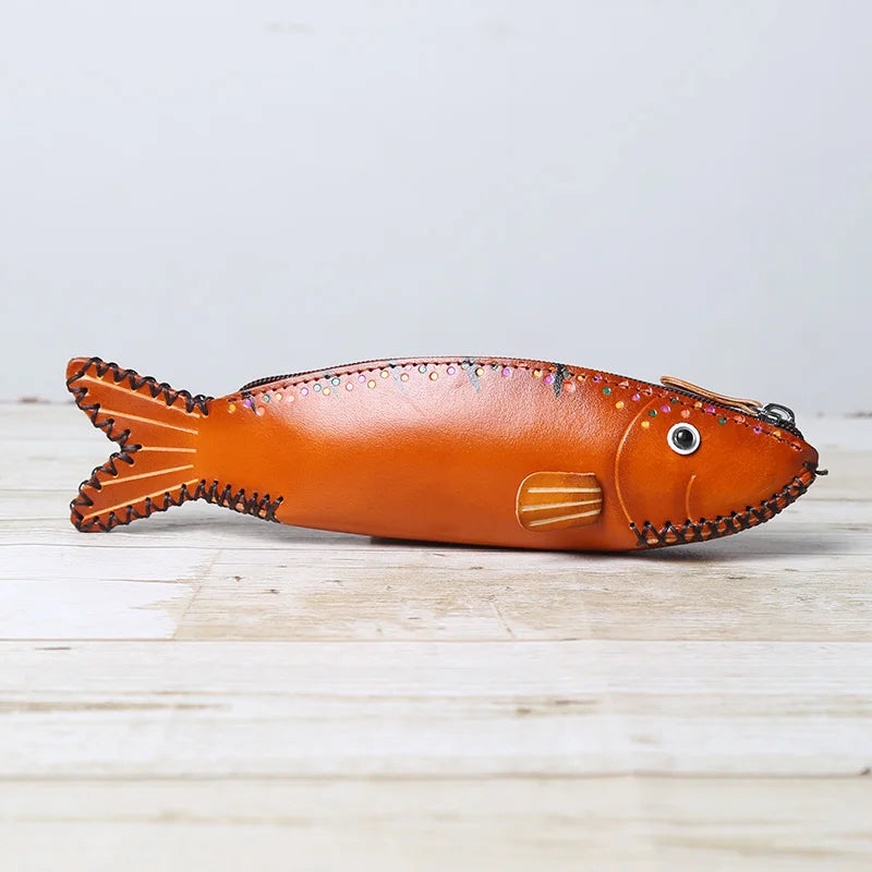 Head Layer Cowhide Creative Pencil Case Salted Fish Flip Storage Bag Personalized Fish Zero Wallet Storage Gift Giving Work Gift
