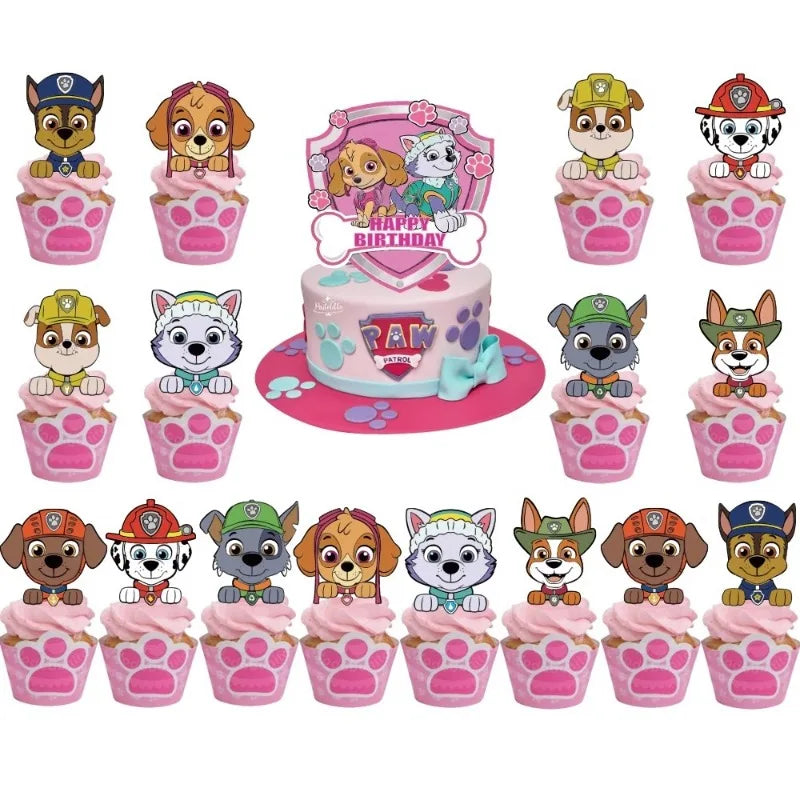 17Pcs Pink Paw Patrol Birthday Party Decoration Puppy Patrol Cake Card Fruit Plug-in Birthday Party Supplies Toys for Children