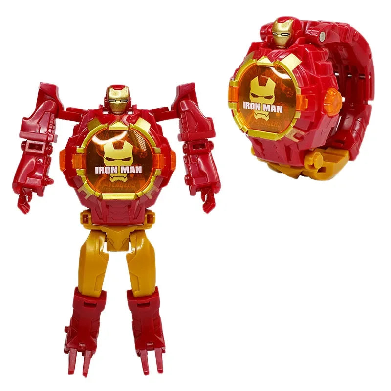 2026 Hot Marvel Iron Man Spiderman Cartoons Children's Watch Deformation Robot 3d LED Luminous Watch Children's Model Toy Watch