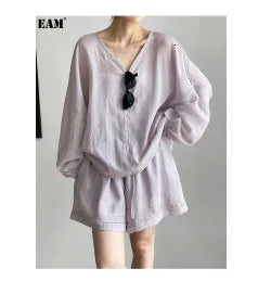 EAM Gray Pleated Big Size Casual Blazer Women New Lapel Short Sleeve Loose Fit Jacket Fashion Tide Spring Autumn 2025 30A1735