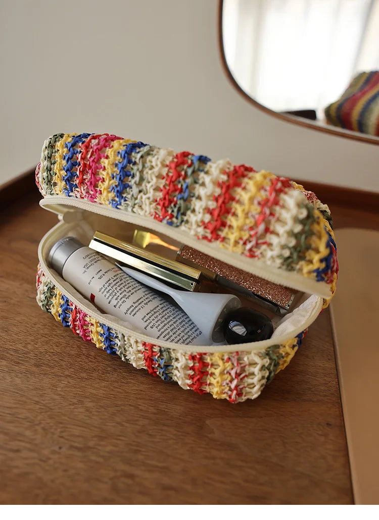 Colorful Knitted Cosmetic Bag Travel-Friendly Handbag Toiletry Pouch Women's Cosmetics & Skincare Organizer On-the-Go Bag-in-Bag