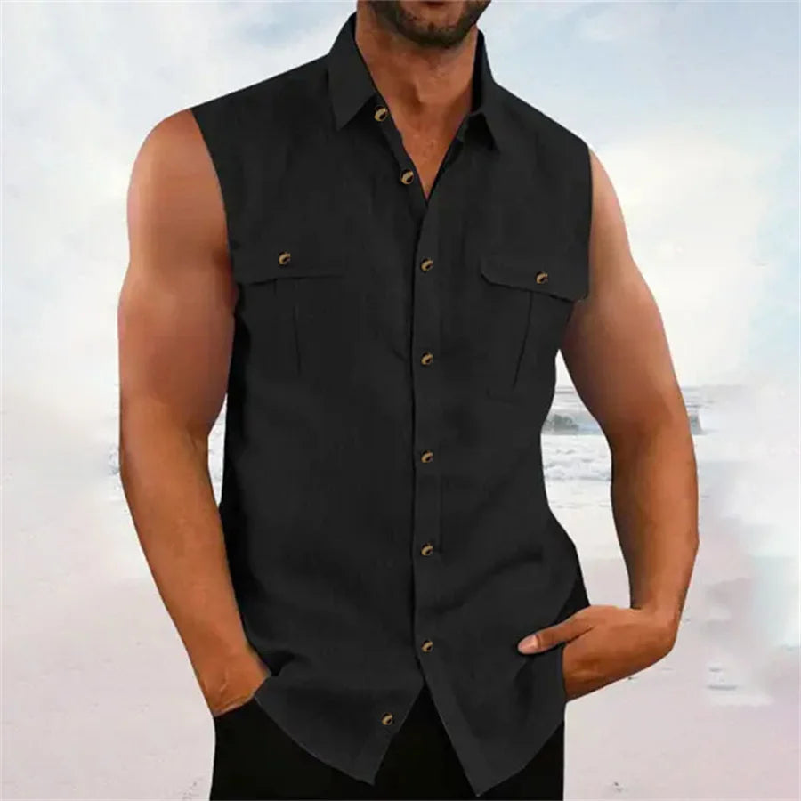 2025 New Summer Men's Linen Tank Tops Casual Solid Color Turn Down Collar Sleeveless Shirts Pockets Fashion Streetwear Vest