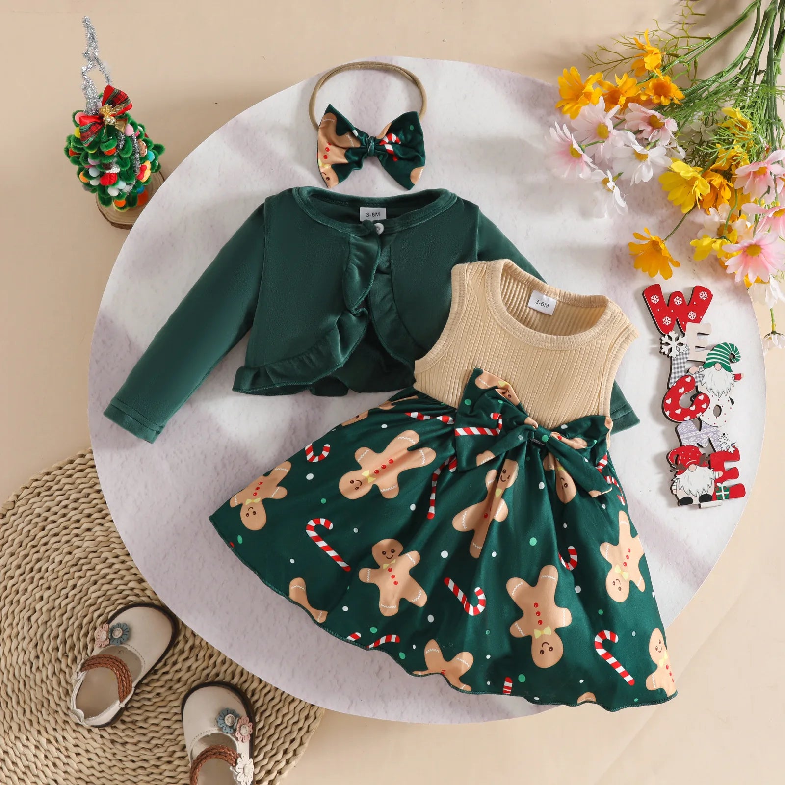 Prowow 0-3Y New Year Baby Dresses Green Velvet Coat Cardigan+Gingerbread Man Dress For Newborns My First Christmas Baby Clothes