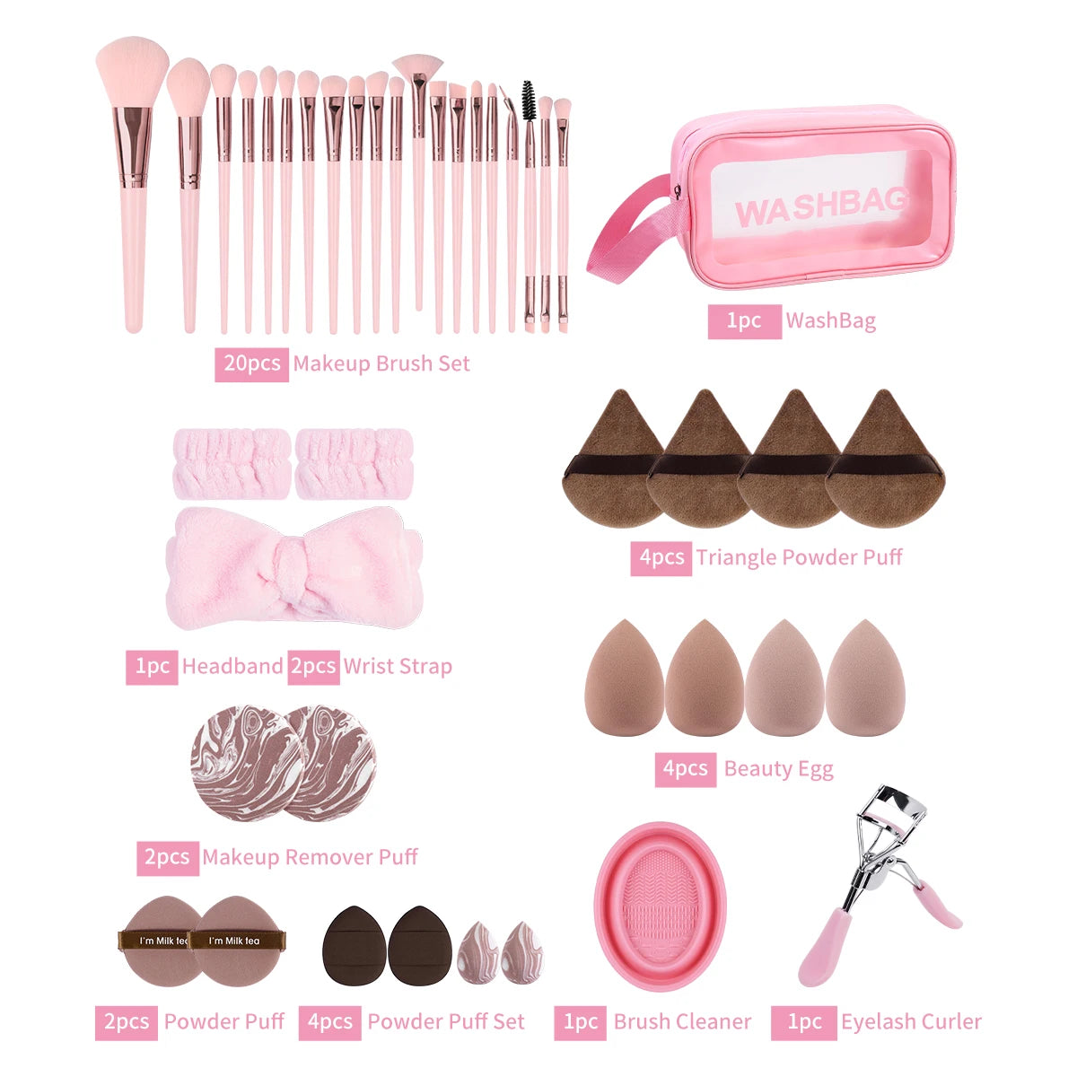 42pcs Kit de maquillage multifonctionnel Comprend 20pcs pinceaux avec sac de lavage
