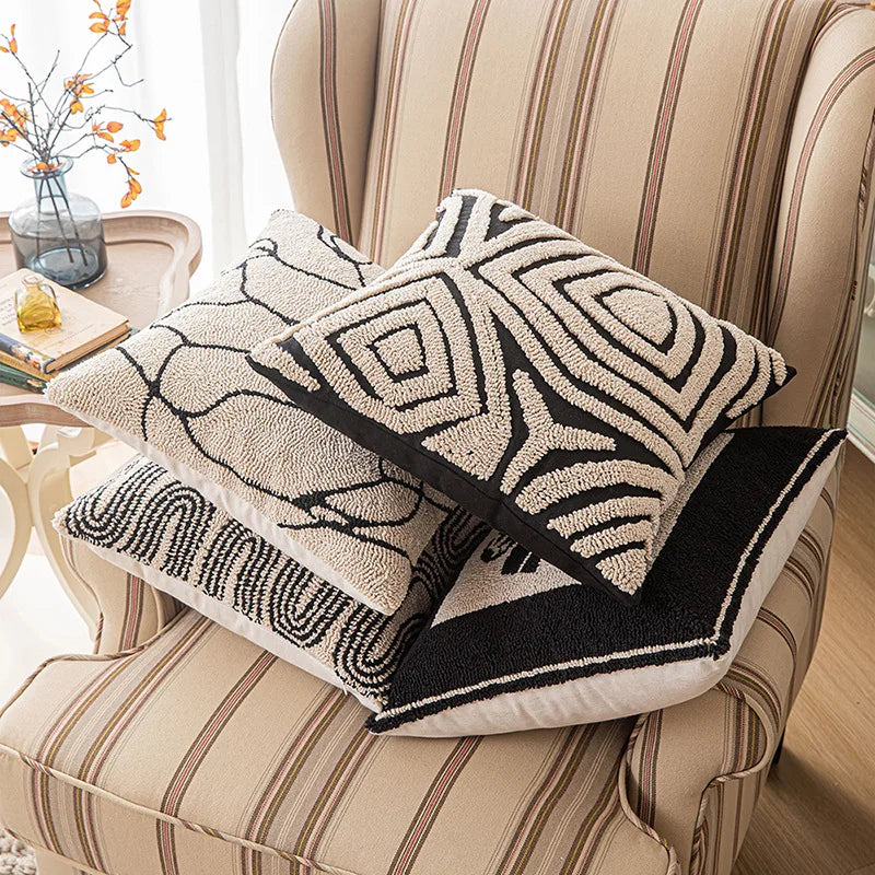 New Geometric Abstract Embroidered Cushion Cover Modern Beige Black Fully Tufted Pillowcase Home Decorative Pillows for Sofa