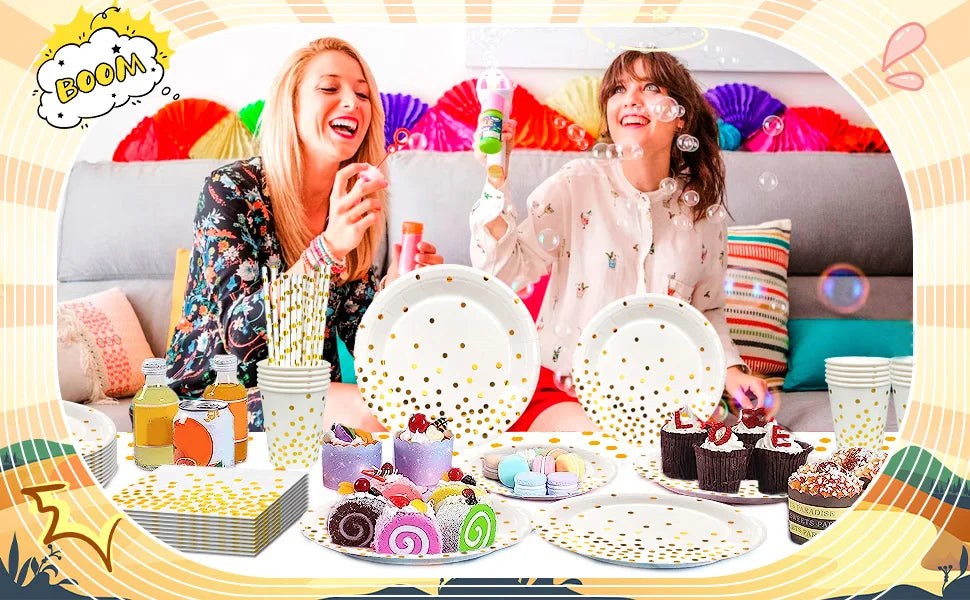 White And Gold Party Supplies 121pcs Golden Dot Disposable Party Dinnerware Set - White and Gold Party Paper Plates Cups Napkins