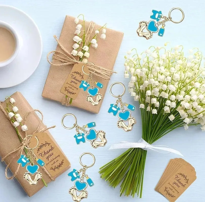 12 set Baby Shower Gifts Guests Footprint Keychains Christening Baptism Party Favors Girl Boy Thank You Decor Wedding Souvenirs