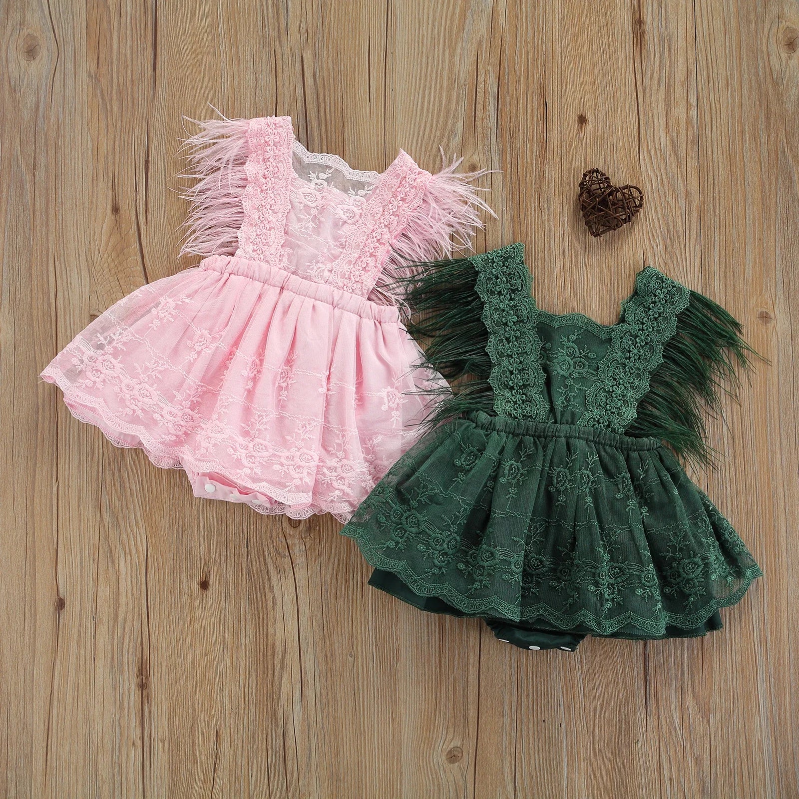 Baby Girls Romper Dress Feather Tassel Sleeveless Lace Tulle Tutu Dress Casual Summer Toddler Baby Clothes 0-24M