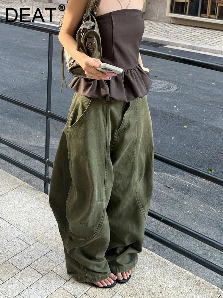 DEAT Fashion Splicing Silhouette Curved Jeans Women's High Waist Loose Wide Leg Denim Pants Autumn New 7A1005