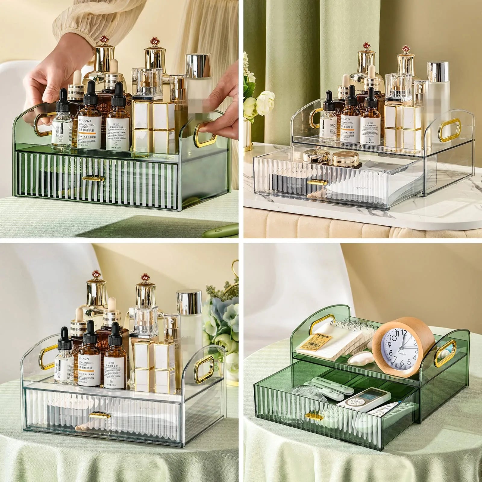 Makeup Organizer Countertop Clear Cosmetics Storage Boxes with Drawers & Portable Handle For  Vanity Skincare Desktop Bathroom