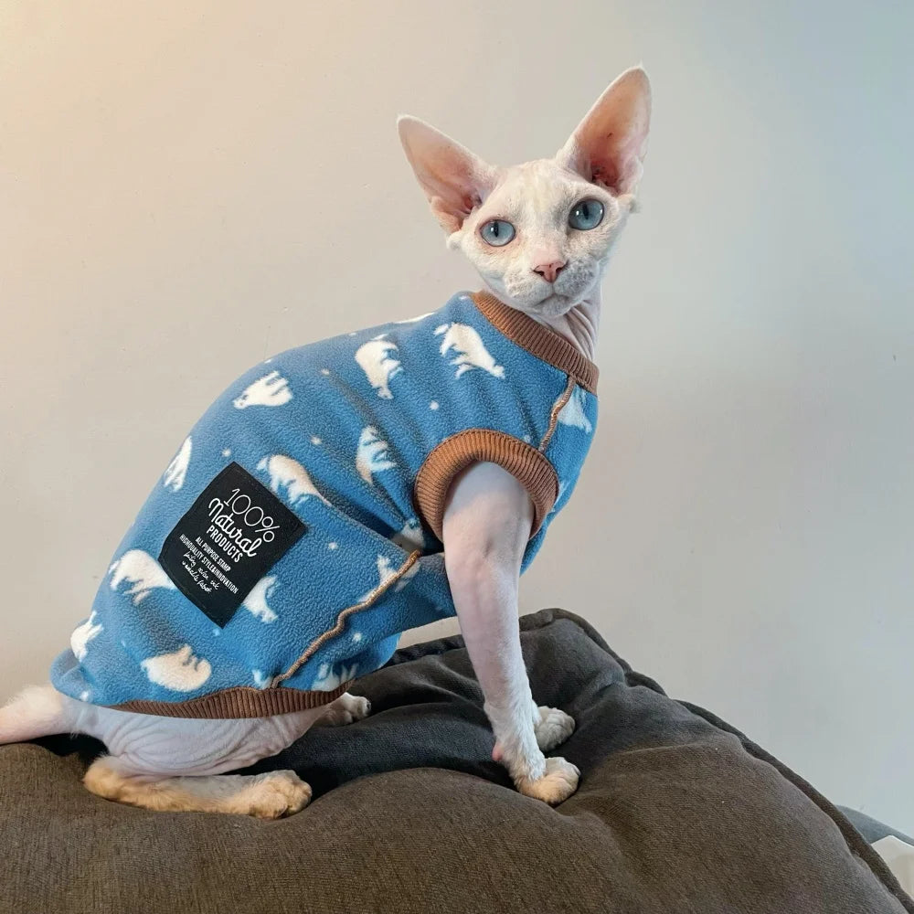 Sky Blue Soft Fleece Sweater for Sphynx Cat Spring Sweet Short Sleeves Animal Print Jumpsuit for Devon Rex Winter Vest for Dogs