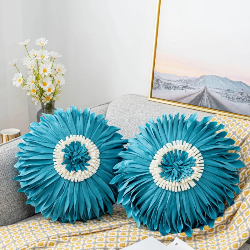 Modern Style Yellow White Throw Pillows Round  45*45 Velvet Stitching 3D Chrysanthemum Cushion Cover Waist Blue Cute Pillowcase