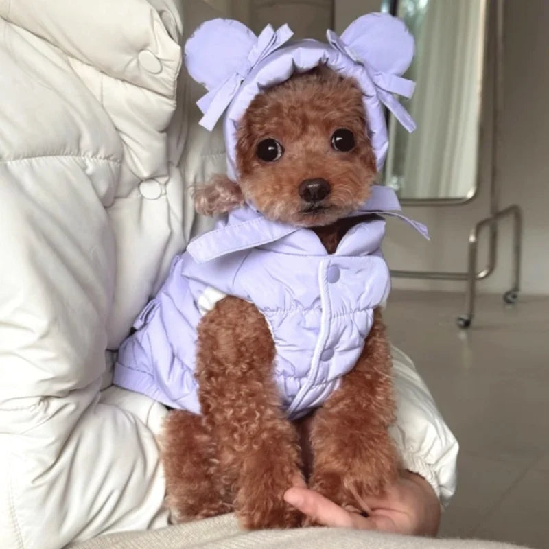 Winter Padded Dog Jacket Coat Warm Soft Dog Clothes Fashion Solid Puppy Down Jacket Cute Bow Cat Vest Coat Chihuahua Pet Costume