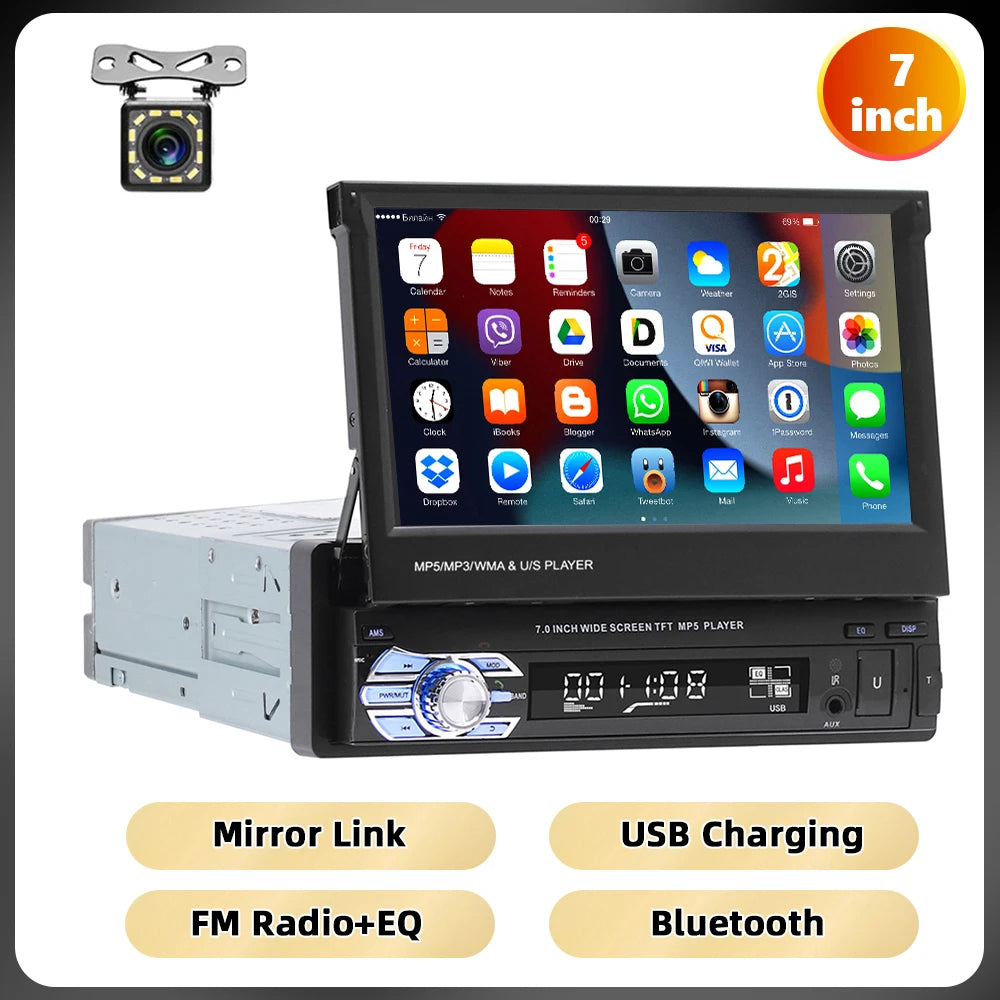 Podofo 1Din MP5 Player Mirrorlink Multimedia Player Bluetooth FM USB EQ 4Core 7 ''Retractable Screen Touch Screen Car Radio