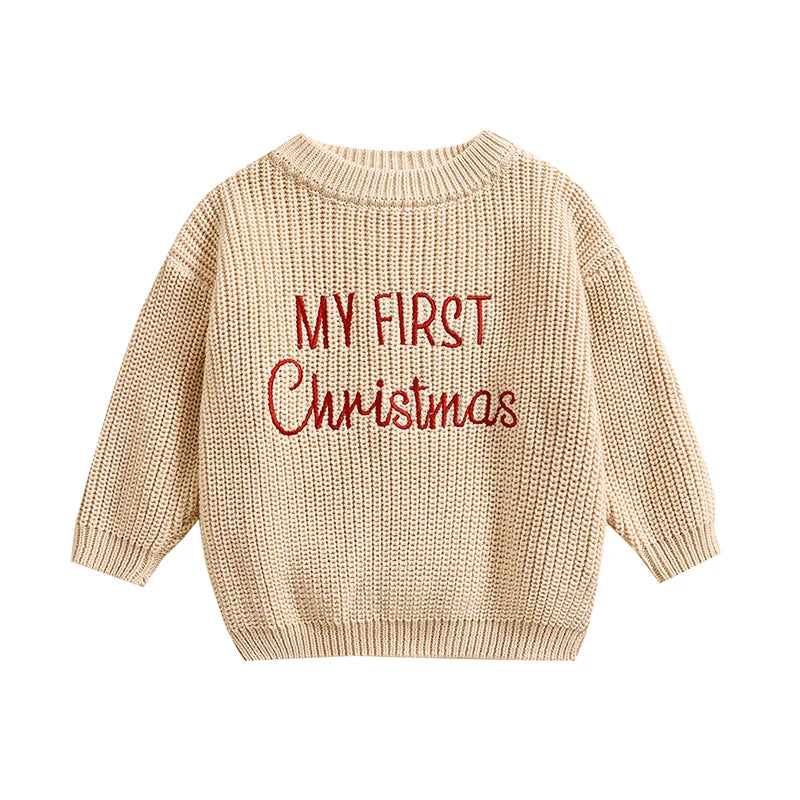 Baby Christmas Sweaters Letter Embroidered Long Sleeve Round Neck Knitted Pullover