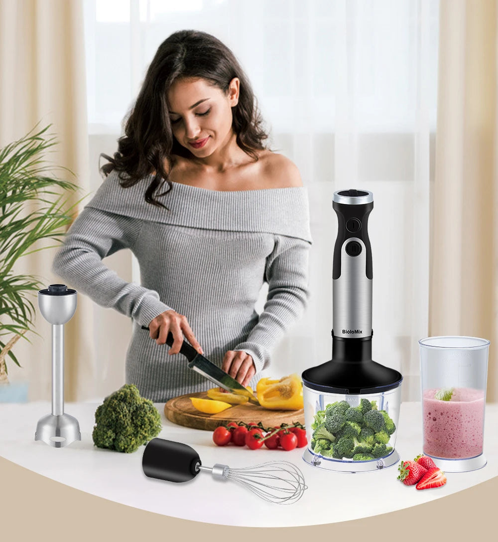 BioloMix 1200W 5-in-1 Immersion Hand Stick Blender Mixer Vegetable Meat Grinder 800ml Chopper Whisk 600ml Smoothie Cup