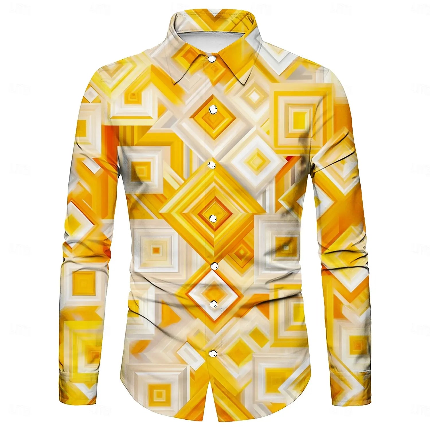 Men's 3D irregular geometric shape print long-sleeved shirt personalized polyester fabric casual shirt men's fashion lapel shirt