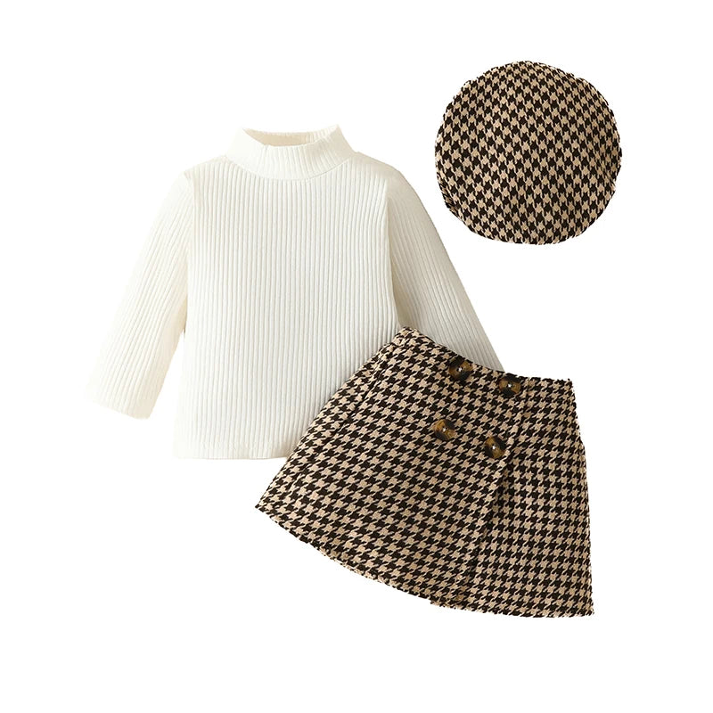 Toddler Baby Girls Skirt Set Toddler Ribbed High Neck Tops and Houndstooth Mini Skirt Hat Outfits Infant Autumn Suits