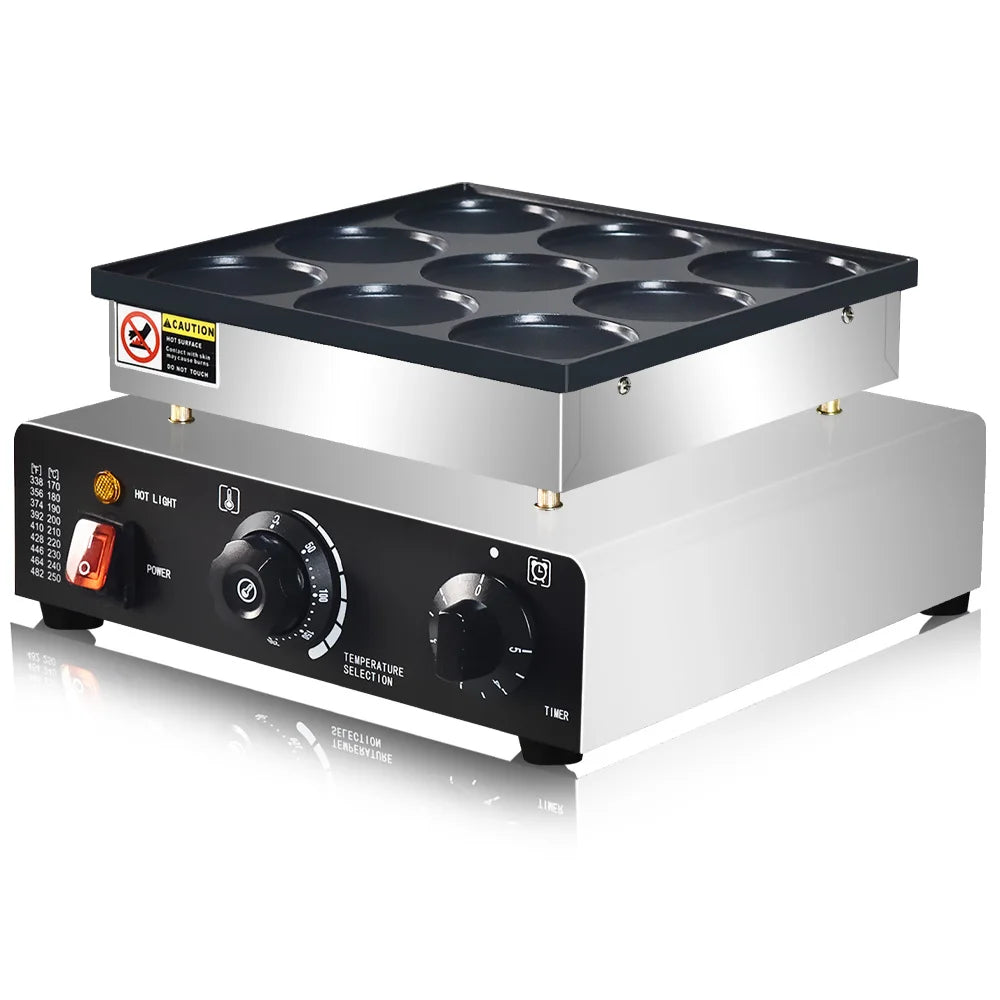 Mini Pancakes Maker Machine, Dutch Mini Pancake Griddle, 9 Holes 76mm Diameter Dorayaki Baker Machine， Electric Poffertjes Pan