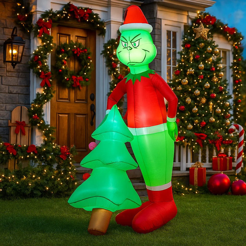 2.1M/6.8FT Christmas Decorations Inflatable Toy Grinch Holding Christmas Trees Home Yard LED Light Decor Christmas Party Toy