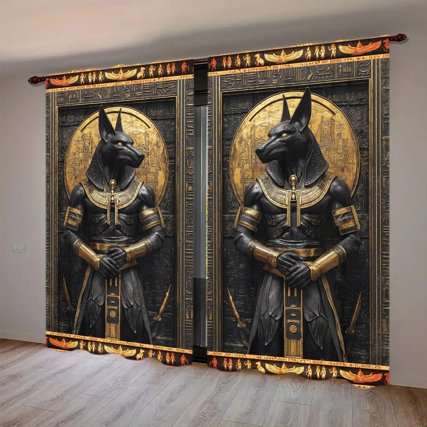 2pcs Anubis Ancient Egypt Printed Curtain - Artistic Home Decoration Curtains, All Season Decorative Curtains