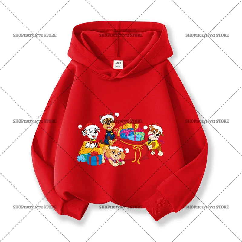 Paw Patrols Christmas Baby Hoodies Cute Anime Print Long Sleeved Child Red Top Pullover Casual Sweatshirt Kids Clothes Xmas Gift