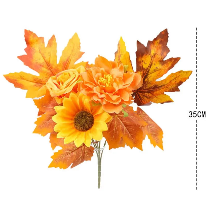 35cm Autumn Artificial Maple Leaves Bouquet Silk Plants Branch for Halloween Thanksgiving Day Fireplace Festival Home Fall Decor