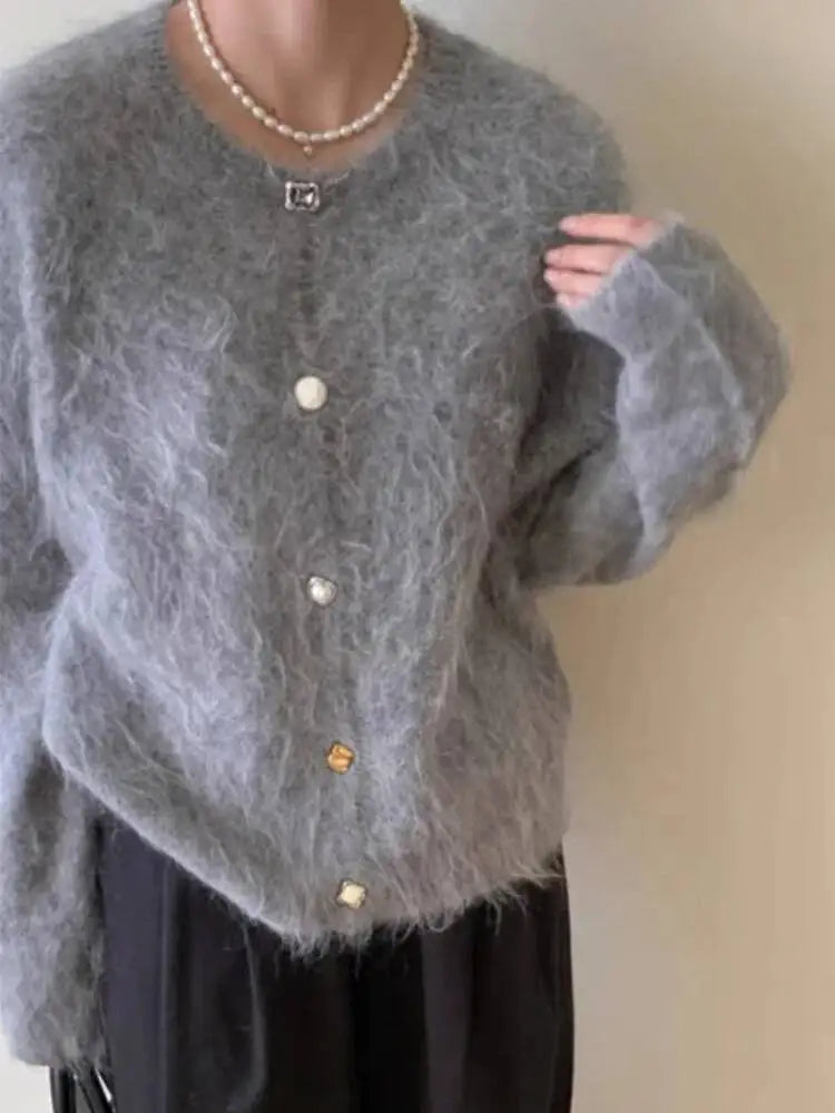 Winter Alpaca Wool Knitted Cardigan Women Soft Round Neck Single Breasted Loose Button Sweater Coat