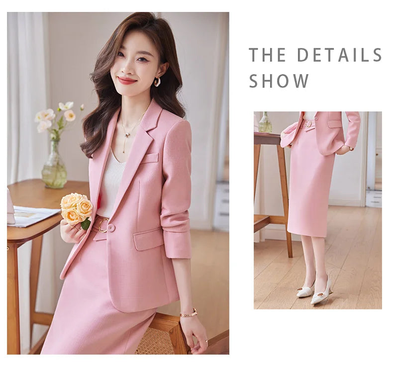 NAVIU Pink Suits Women New 2023 Autumn Fashion Temperament Professional Blazer And Skirt Office Lady Work Wear Two Piece Sets