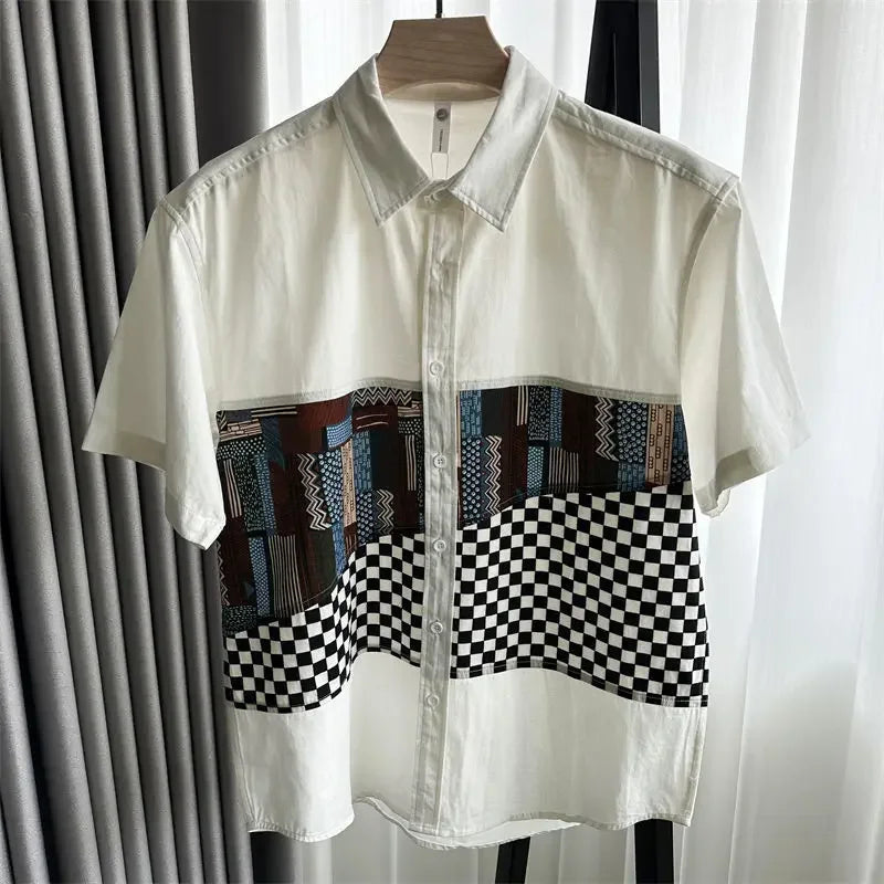 2025 New Japanese Retro Contrasting Colors Summer Plaid Spliced short-sleeved Shirt Men's Casual Clothes