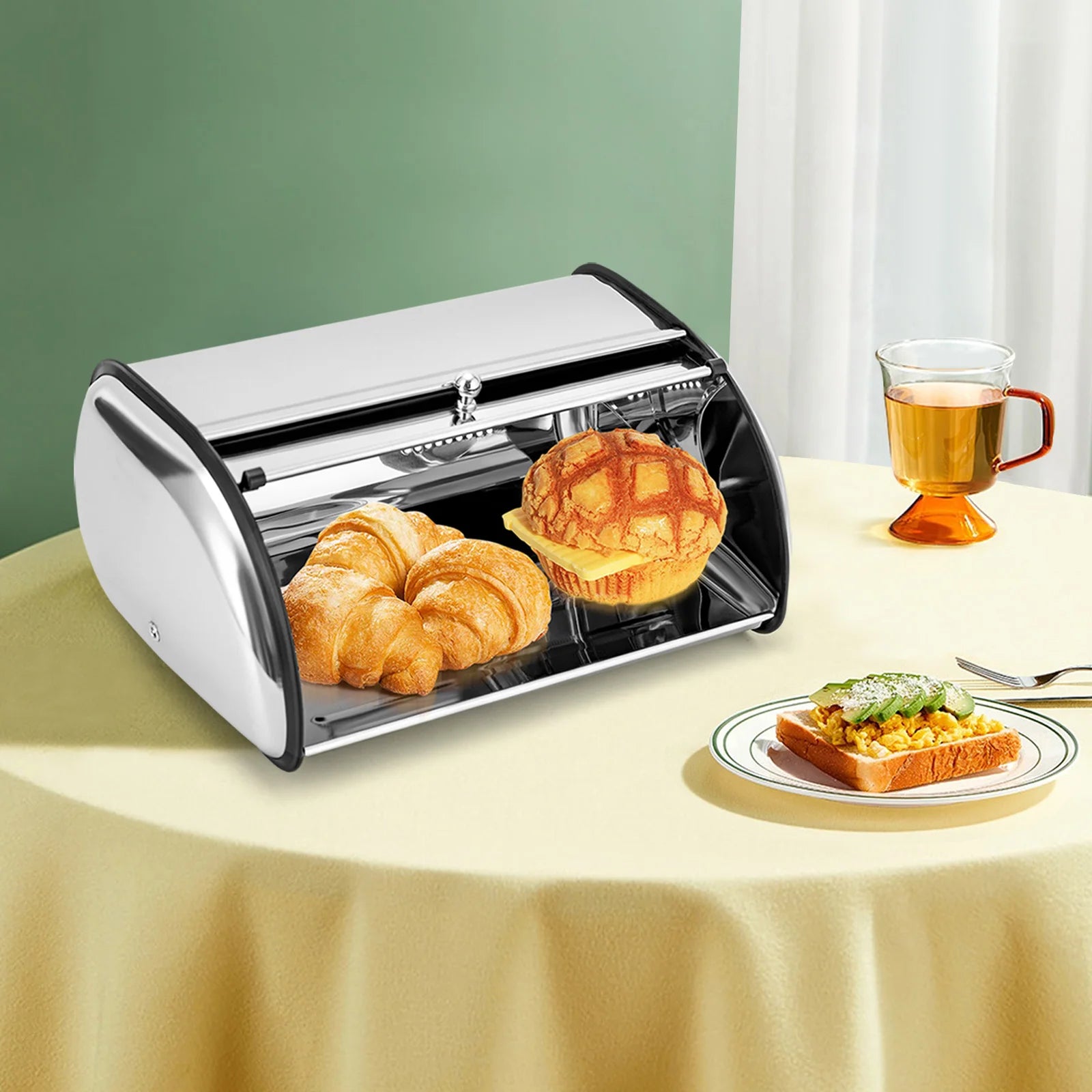 Stainless Steel Bread Box, 1.32Gal Capacity, Oval Shape, Viewing Window, Keeps Bread Fresh, Easy to Clean
