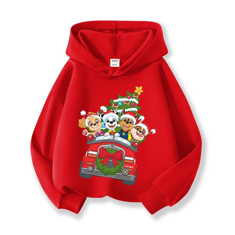 Paw Patrols Christmas Baby Hoodies Cute Anime Print Long Sleeved Child Red Top Pullover Casual Sweatshirt Kids Clothes Xmas Gift