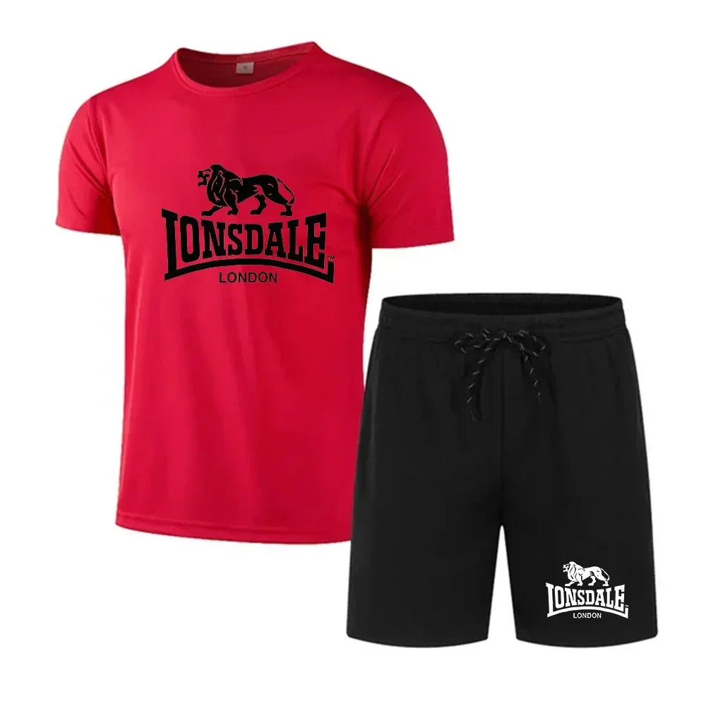Men's summer T-shirt+shorts mesh set Lonsdale printed quick drying breathable sports set short jogging gym casual sportswear