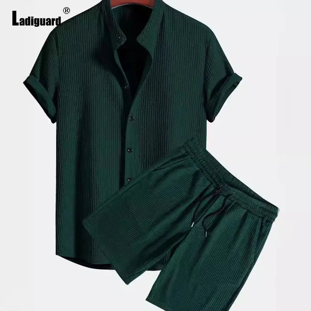 Men Casual Knitted Two Piece Sets 2024 Europe Style Mandarin Collar Blouse and Solid Basic Shorts Suit Male Beach Tracksuits Set