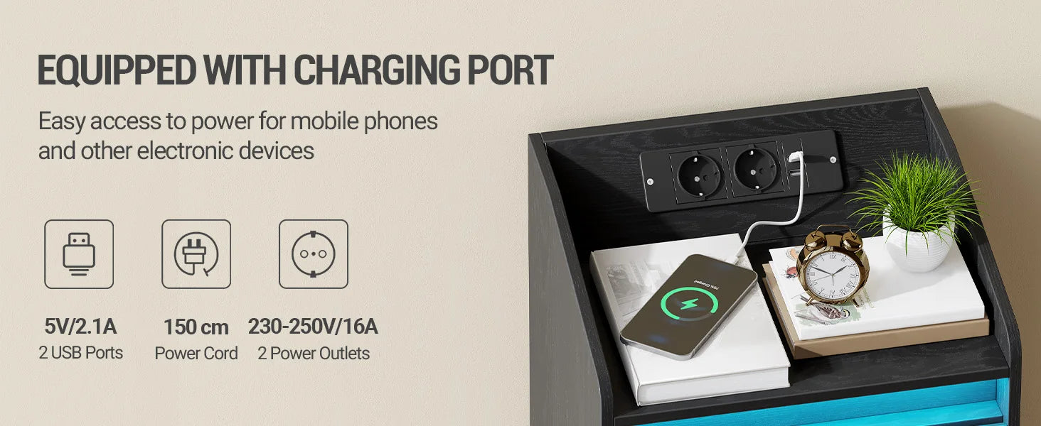 Hzuaneri Table de chevet avec 3 tiroirs, table d'appoint avec station de recharge et LED, 2 prises CA et 2 ports USB pour le salon
